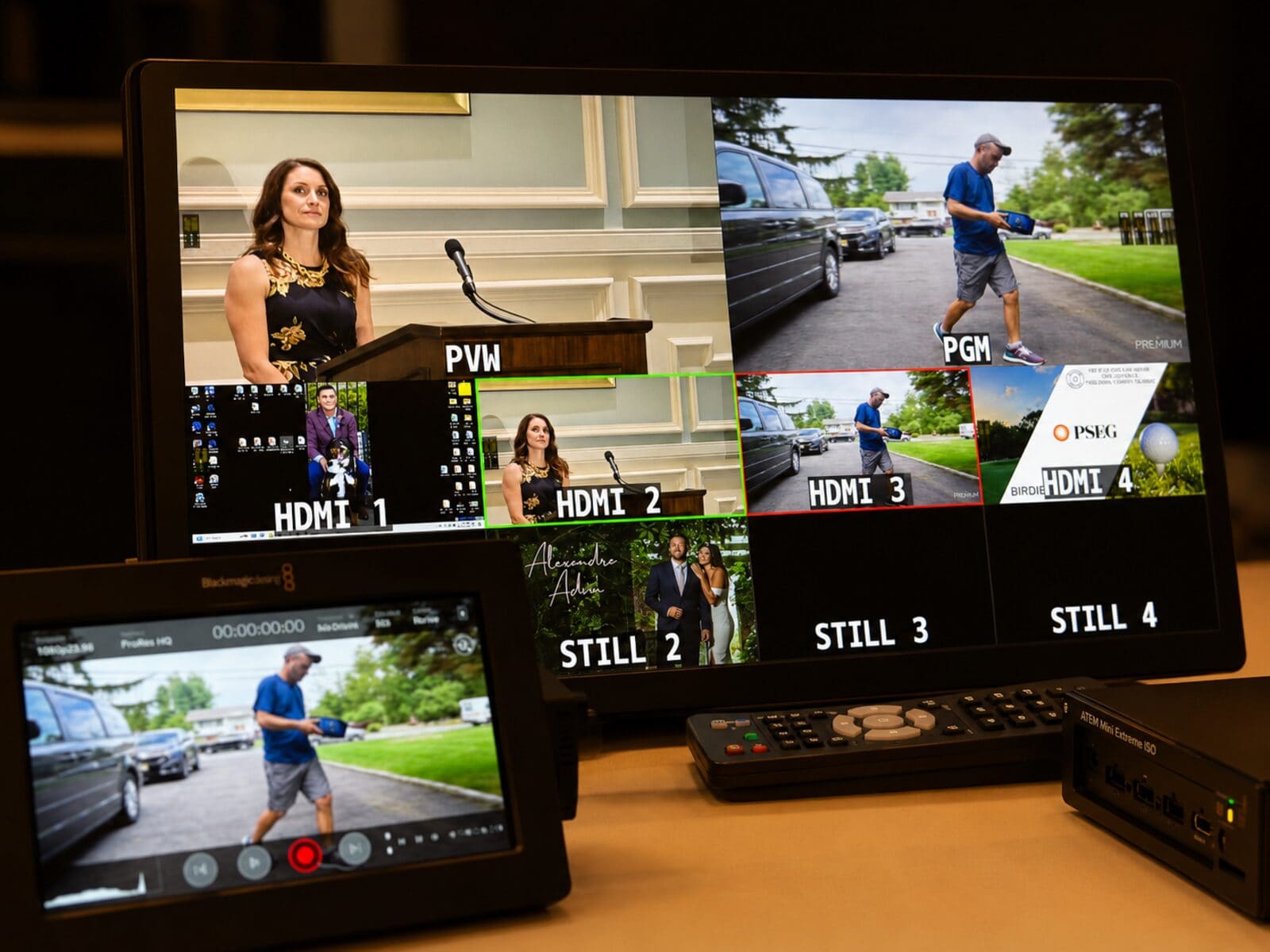 Multi-camera switcher with multiview monitor showing PVW/PGM and four HDMI sources during a live event broadcast