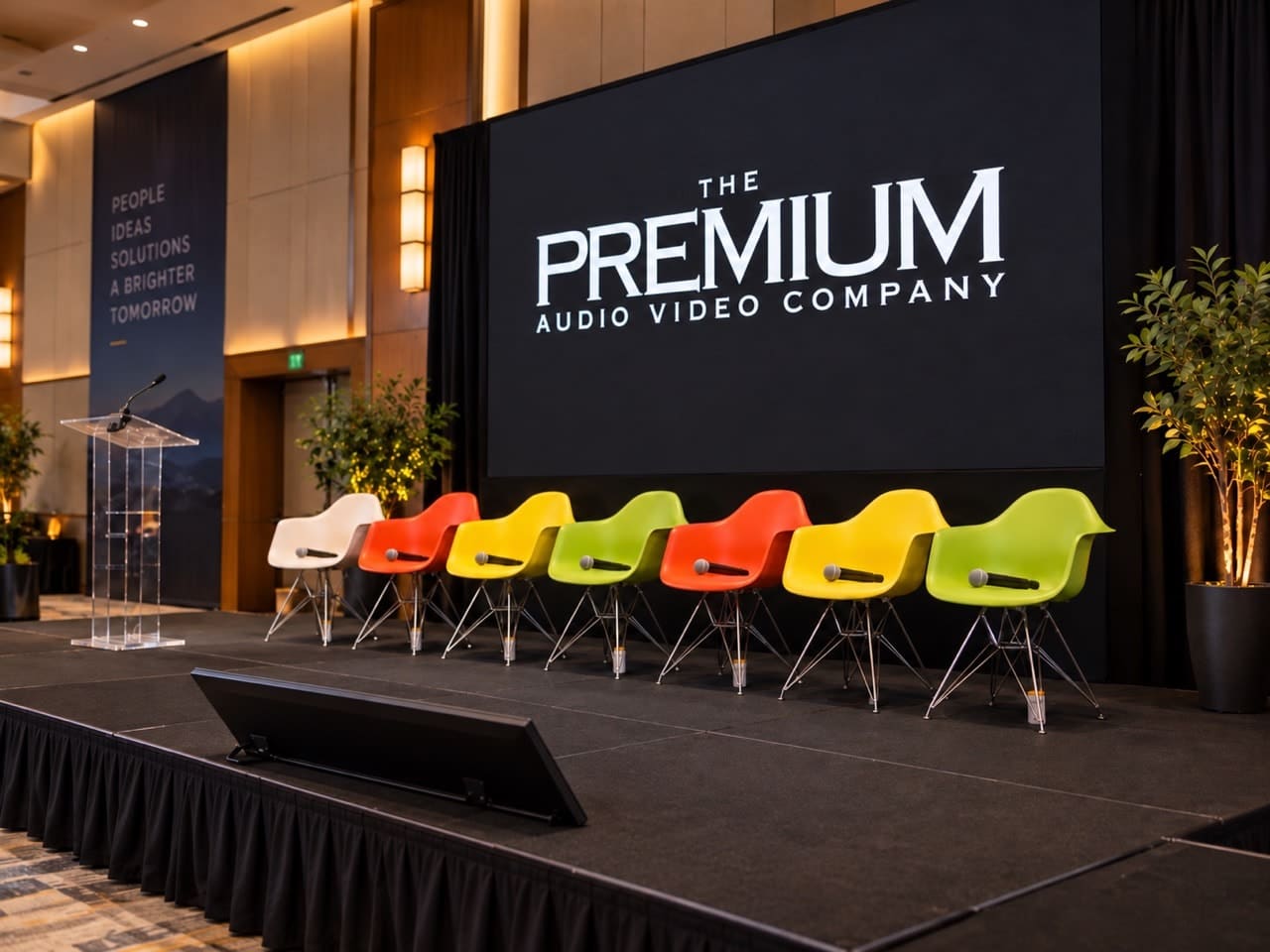 Panel stage with handheld microphones on colorful chairs, a lectern microphone, a floor speaker, and a Premium Audio Video Company backdrop