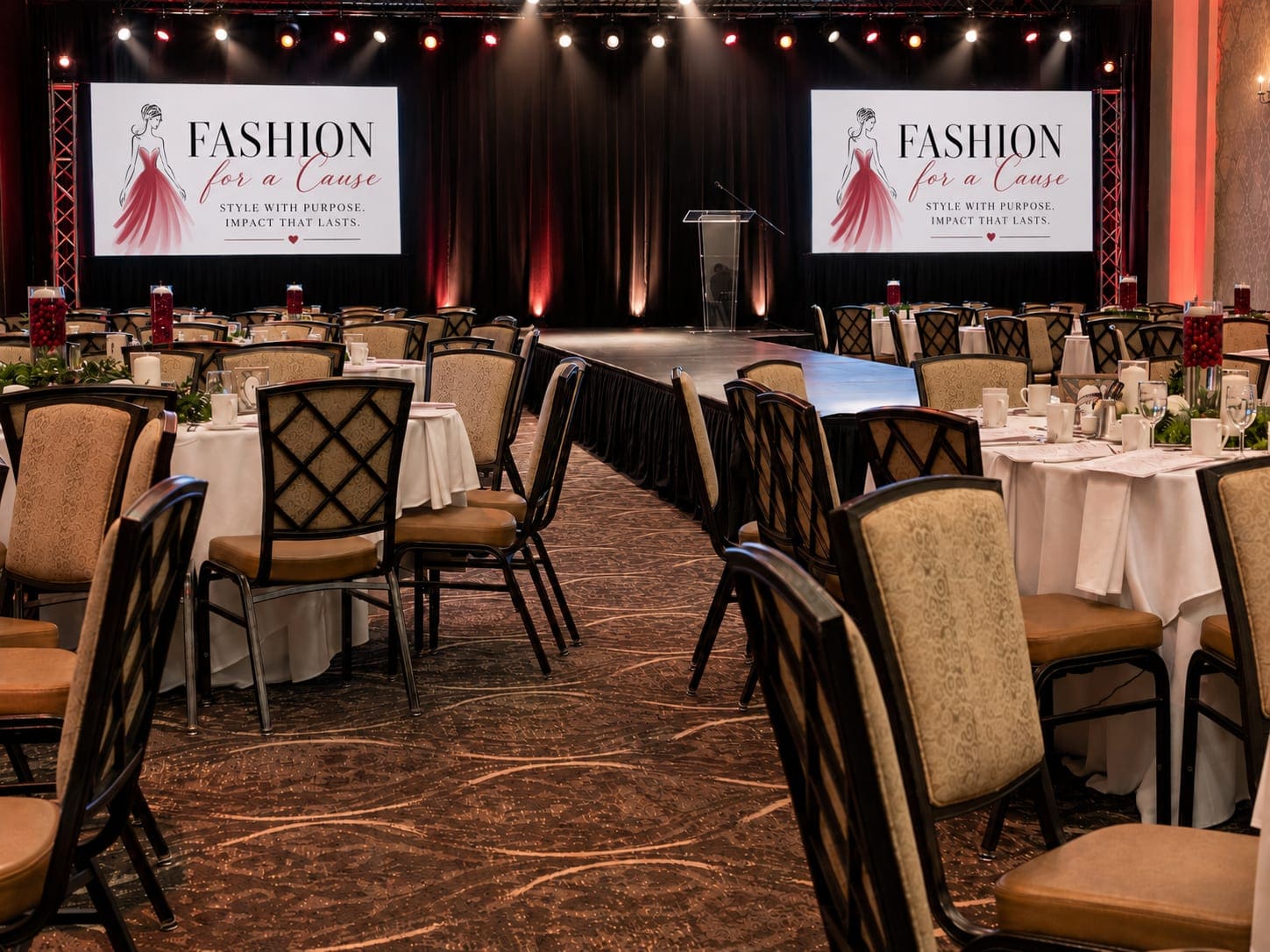 Dual LED video walls flanking a runway at a Fashion for a Cause gala produced by PremiumAVC